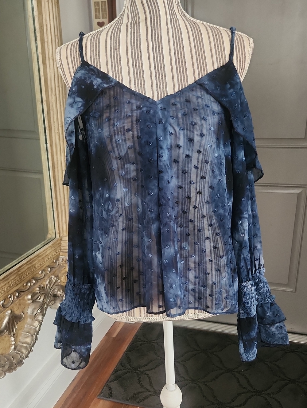 Solemio Navy Blue Sheer Cold-Shoulder Floral Blouse